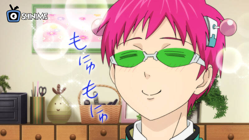 Saiki Kusuo smiling with green glasses and floating text, relaxed psychic in top 10 most powerful anime characters according to Japanese fan