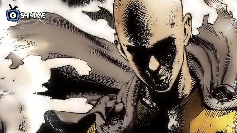 Saitama in shadow with serious face and lightning behind, caped baldy from top 10 most powerful anime characters according to Japanese fan