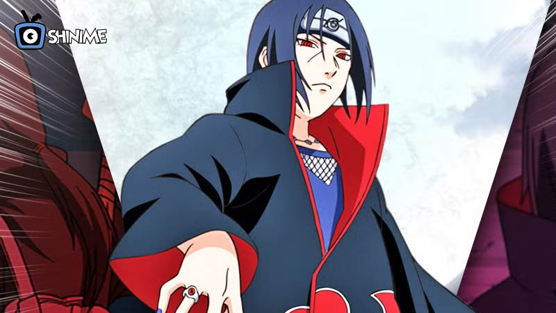 Itachi Uchiha in Akatsuki cloak with red eyes, tragic genius in top 10 most powerful anime characters in Naruto
