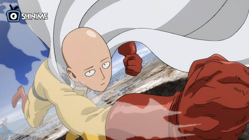 Saitama from One Punch Man throwing a punch, known as one of the most powerful anime characters of all time