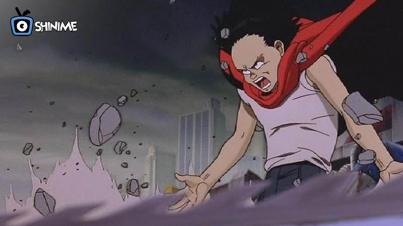 Tetsuo Shima unleashing psychic rage with rubble floating, one of the most powerful anime characters of all time