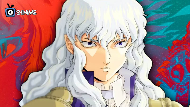 Griffith as Femto with long white hair, dark aura, and piercing stare, among the most powerful anime characters of all time