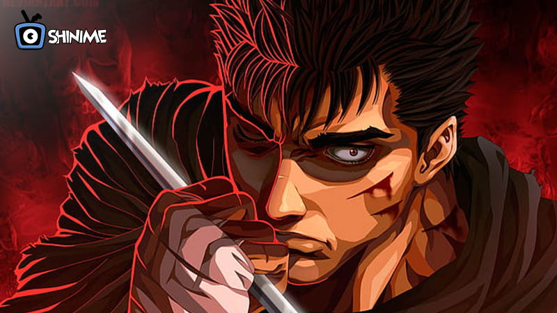 Popular anime characters male: Guts with massive sword and red aura, scarred face and intense stare