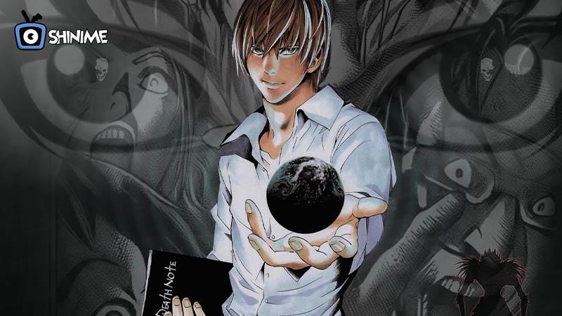 Popular anime characters male: Light Yagami holding Death Note and black orb, grey manga background