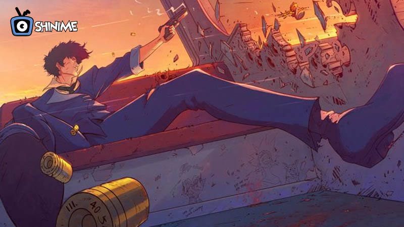 Popular anime characters male: Spike shooting while reclining, sunset sky and bullet shells flying