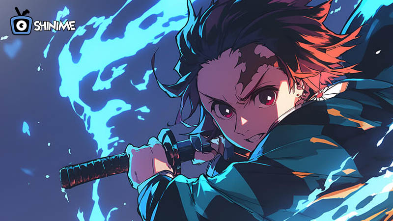 Popular anime characters male: Tanjiro swinging sword with blue flames and determined red eyes