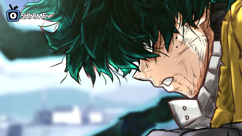 Popular anime characters male: Izuku Midoriya injured, looking down with messy green hair and pained face