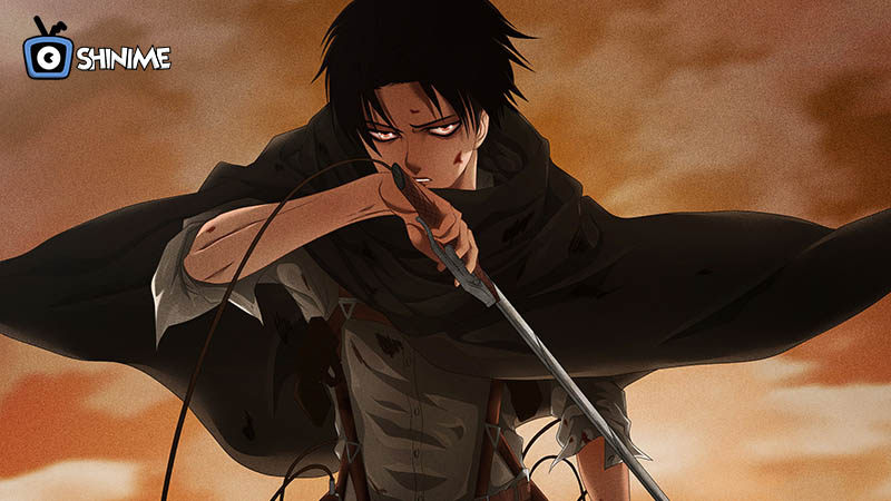 Popular anime characters male: Levi Ackerman drawing sword at sunset with cloak blowing dramatically