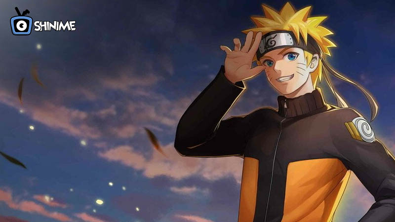 Popular anime characters male: Naruto smiling in orange jacket, saluting under a twilight sky