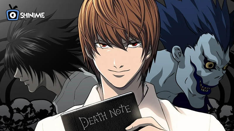 Light Yagami holding the Death Note with L and Ryuk in background, showcasing smart anime characters