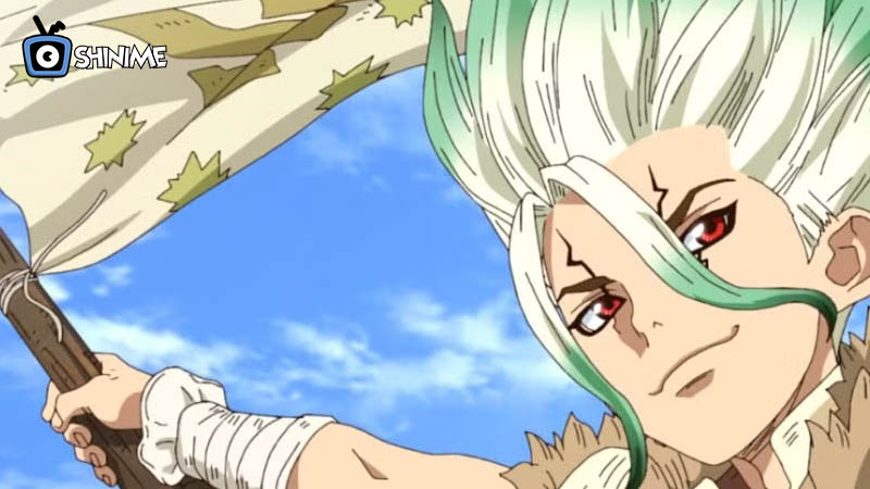 Senku Ishigami raising a science flag, rebuilding civilization in Dr. Stone as a top smart anime character