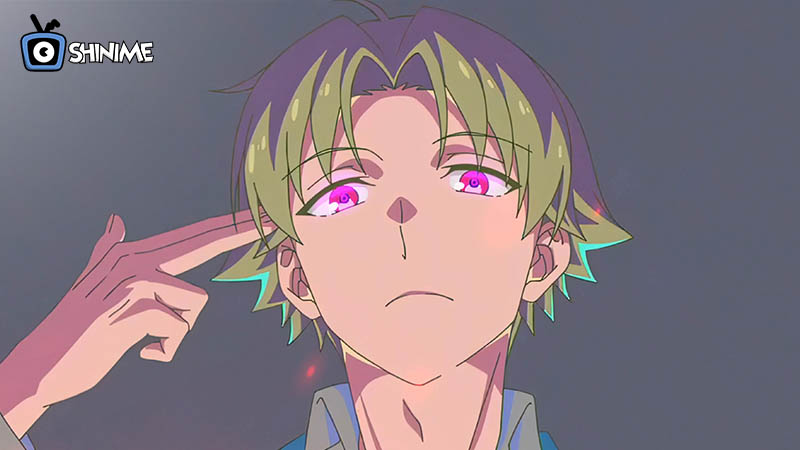 Kiyotaka Ayanokoji pointing to head with glowing eyes, symbolizing elite intellect in Classroom of the Elite