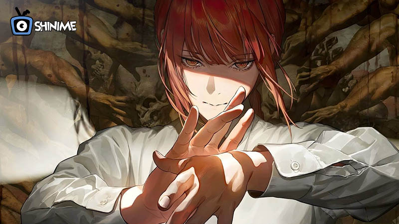 Makima from Chainsaw Man forming a contract pose, mastering manipulation among smart anime characters