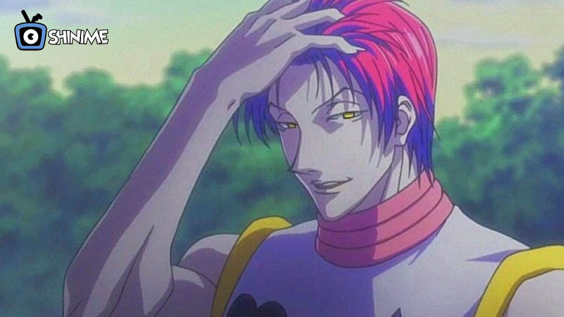 Hisoka Morow smirking and brushing hair back, representing cunning intellect in Hunter x Hunter