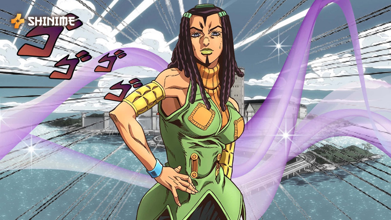 Ermes Costello, Jolyne's ally in Stone Ocean, uses her Stand Kiss for explosive combat and shows unwavering resilience.