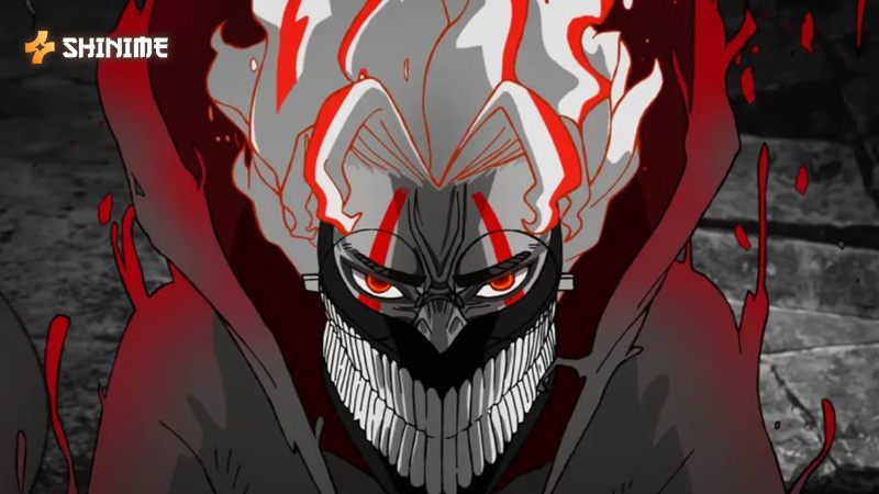 Okarun, a hybrid Dandadan monster, possessed by Turbo Granny, unleashing explosive speed and strength in dynamic combat.