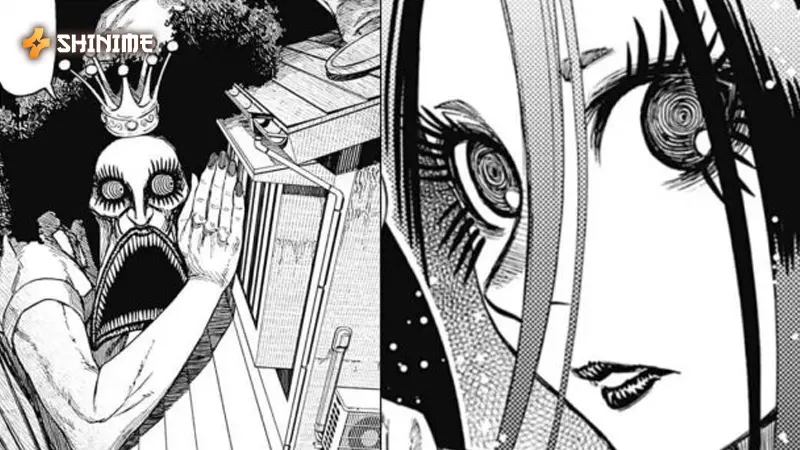 Reiko Kashima, a dominant Dandadan female character, warping reality with mirror manipulation powers in a chilling supernatural battle.