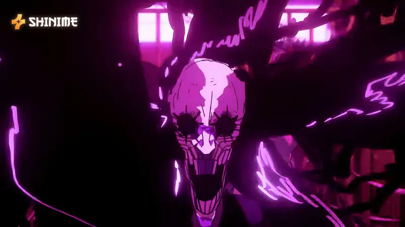 Acrobatic Silky, a tragic Dandadan female character, wielding hair manipulation in dynamic yokai combat.