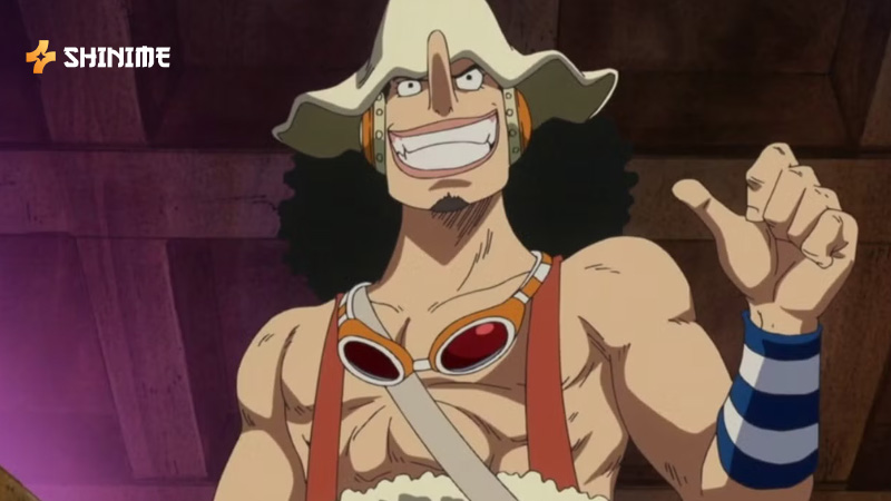 Usopp aiming his slingshot with a nervous grin in One Piece Movie 1