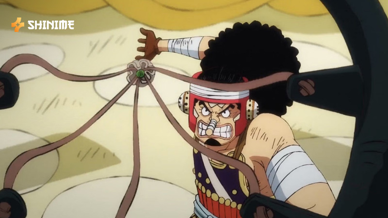 Usopp aiming his slingshot nervously amid traps in One Piece Movie 2