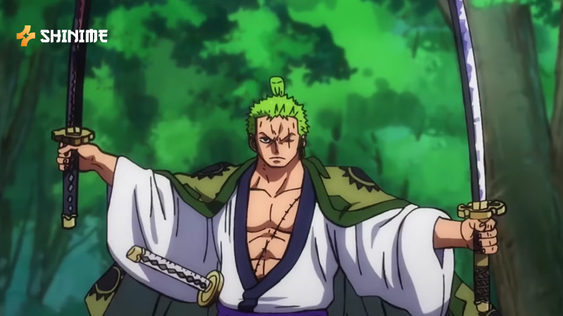 Zoro slashing with three swords in a fierce duel from One Piece Movie 4