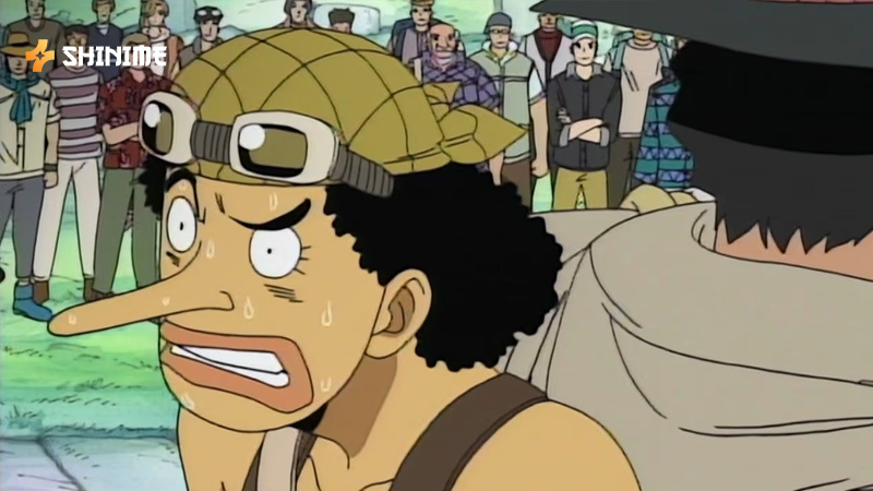 Usopp nervously aiming his slingshot during the race in One Piece Movie 4