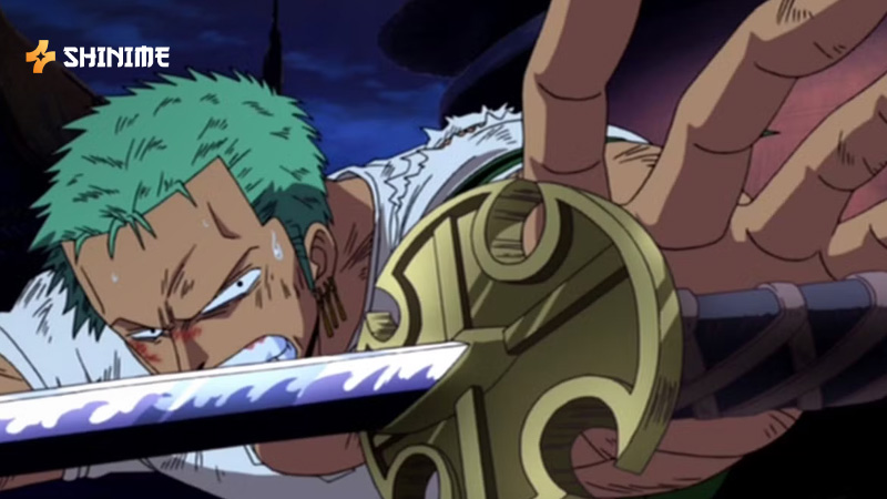 Zoro standing solemnly with swords drawn in One Piece Movie 5: The Cursed Holy Sword