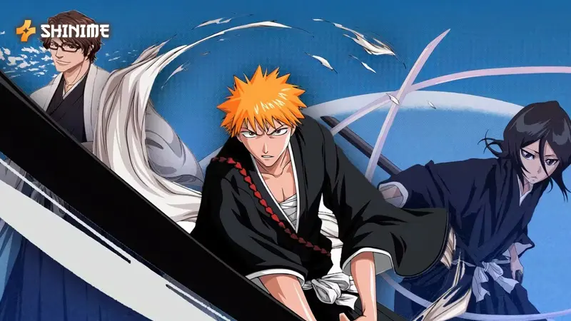 Ichigo Kurosaki in Bleach, a supernatural horror anime, wielding his Soul Reaper sword against eerie Hollows in a dark spirit world.