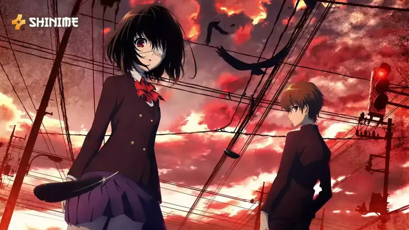 Mei Misaki in Another, a supernatural horror anime, standing in a creepy classroom tied to a chilling supernatural curse.