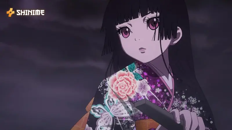 Ai Enma from Hell Girl, a supernatural horror anime, with glowing red eyes in a shadowy, hellish scene offering dark vengeance.