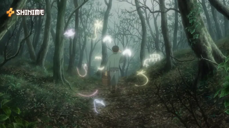 Ginko in Mushishi, a supernatural horror anime, exploring misty forests with glowing Mushi creatures in a haunting, ethereal setting.