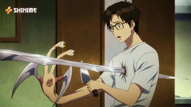 Shinichi and Migi in Parasyte: The Maxim, a supernatural horror anime, battling creepy alien parasites in a dark, bloody city.