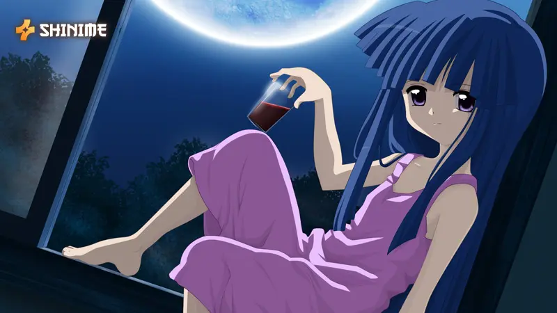 Rena in Higurashi When They Cry, a supernatural horror anime, with a menacing look in a bright yet chilling village setting.