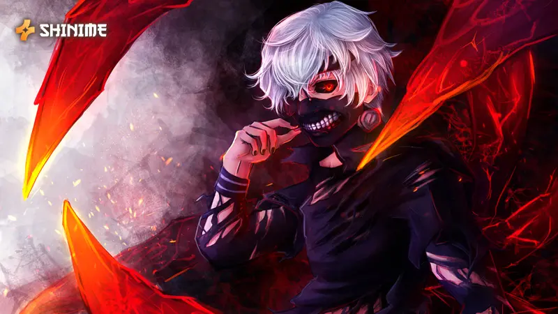 Ken Kaneki in Tokyo Ghoul, a supernatural horror anime, with his ghoul mask in a dark, bloody urban scene.