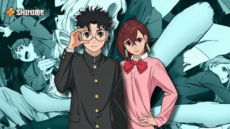 Momo Ayase and Okarun from Dandadan—teens with clashing beliefs, psychic powers, and growing love.