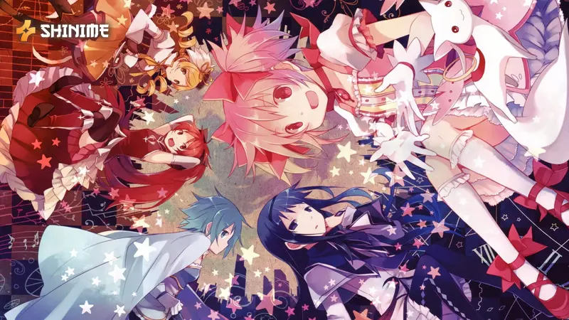 Madoka Kaname in Puella Magi Madoka Magica, a mahou shoujo anime, with surreal witch realms and haunting magical transformations.