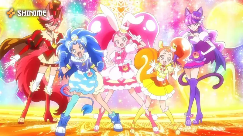Pretty Cure team in Precure, a mahou shoujo anime, in vibrant, action-packed transformations fighting for dreams.