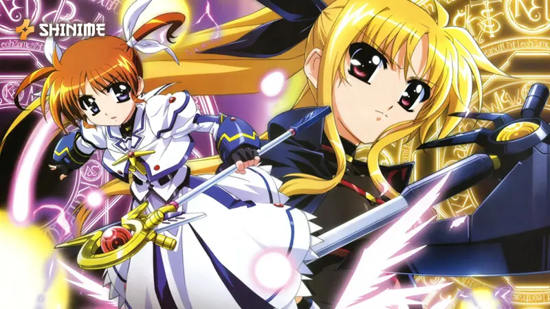 Nanoha Takamachi in Magical Girl Lyrical Nanoha, a mahou shoujo anime, unleashing energy blasts in intense magical battles.
