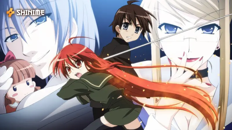 Shana in Shakugan no Shana, a mahou shoujo anime, wielding fiery powers in a dramatic supernatural battle.