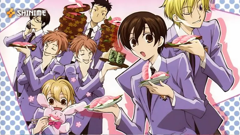 Haruhi Fujioka in Ouran High School Host Club, a shoujo anime show, with the quirky host club in a comedic, sparkly setting.