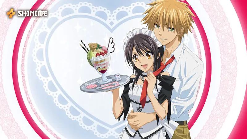 Misaki Ayuzawa in Maid Sama!, a shoujo anime show, juggling maid café work and school life in a vibrant romantic scene.