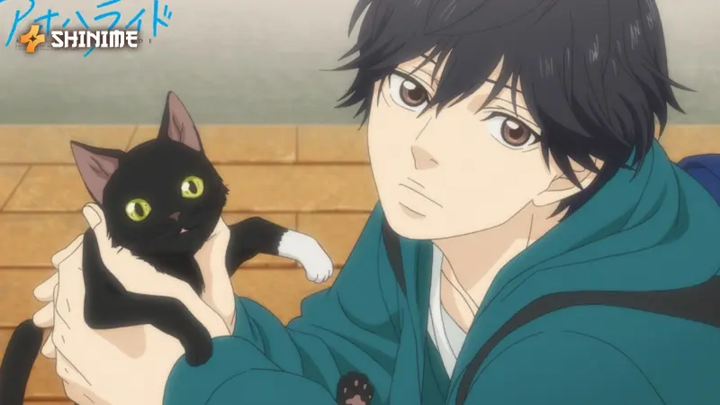 Futaba Yoshioka in Ao Haru Ride, a shoujo anime show, reconnecting with Kou in an emotional, heartfelt scene.
