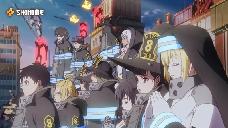Promotional key visual for Fire Force Season 2 featuring Shinra Kusakabe and Special Fire Force Company 8 members ready for battle.