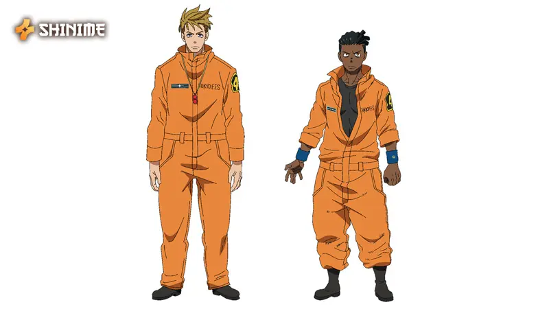 Visual collage introducing new Fire Force Season 2 characters, focusing on Inca Kasugatani and the antagonists from Haijima Industries.
