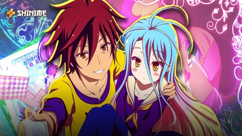 Geniuses Sora and Shiro hold playing cards, ready for strategic battle in the colorful game world of Disboard.