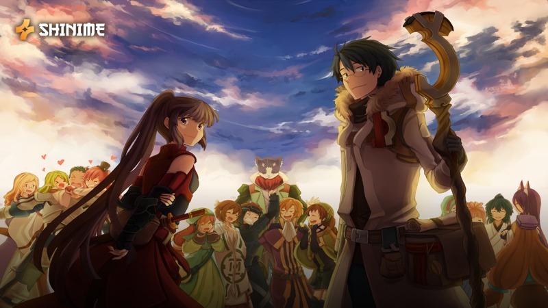 Shiroe and Akatsuki leading their guild allies under a sunset sky in the Elder Tale world of Log Horizon.
