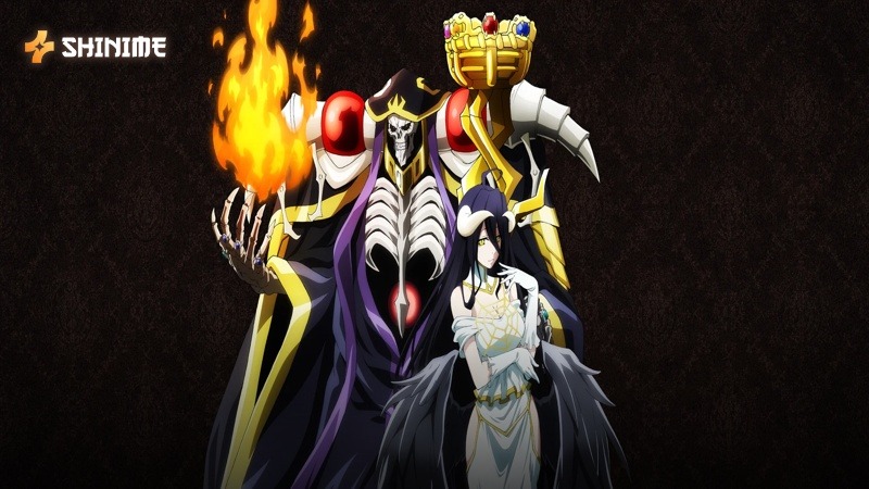 The powerful skeletal mage Ainz Ooal Gown and Albedo from the dark fantasy game anime Overlord.