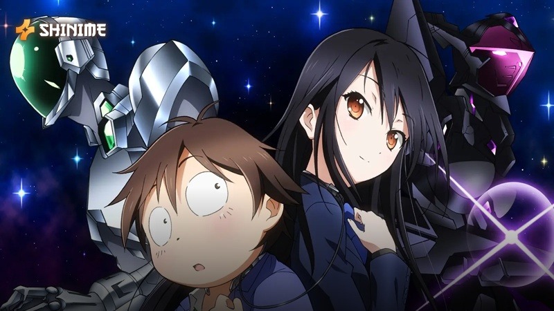 Haruyuki and Kuroyukihime stand before their virtual combat avatars in the sci-fi game anime Accel World.