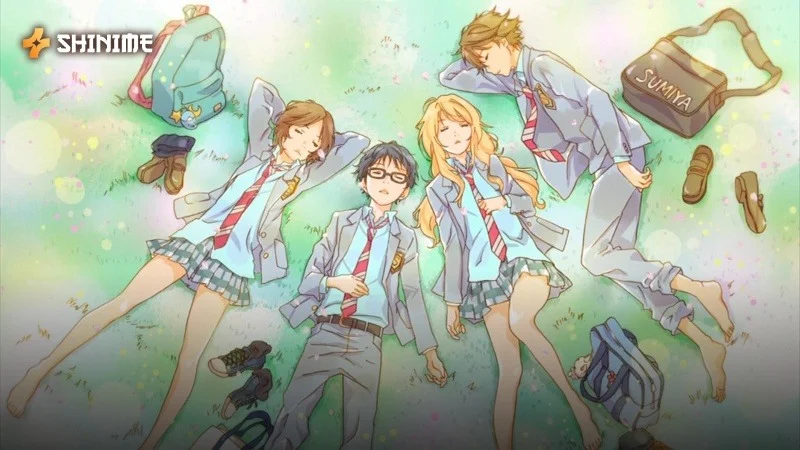 Your Lie in April main cast resting in a meadow, a defining moment in this music anime