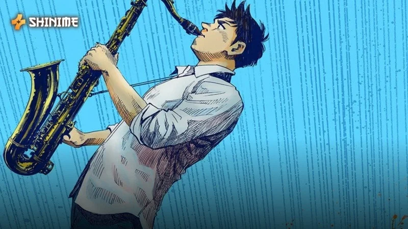 Dai Miyamoto playing saxophone in Blue Giant, a raw jazz music anime film by Nut